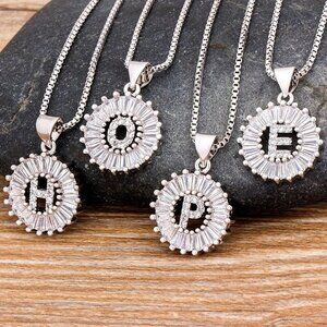 Silver Women's Luxury Cubic Platinum Plated Letter Charm Pendant Necklace